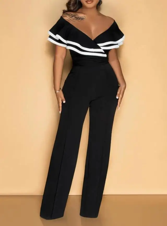 2026 Kontrastbesatz, doppellagiger Overall mit Rüschen, schulterfrei, V-Ausschnitt, Fliege hinten, lässiger Overall mit Reißverschluss hinten, Naht vorne und weitem Bein