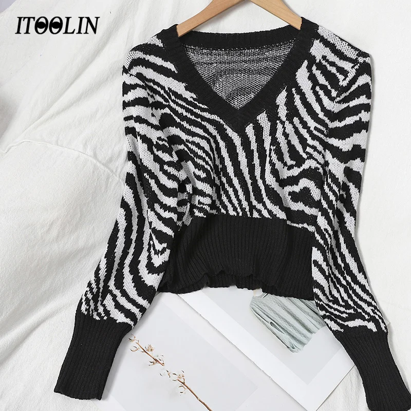 ITOOLIN V Neck Zebra-Striped Sweater Cropped Knitwear Women Pullover Patchwork Jumper Long Sleeve Blouse Slimming Top Pull Femme