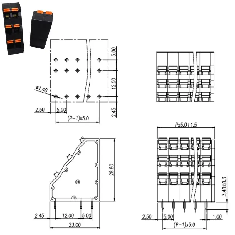25PCS 50PCS 5.0mm Pitch 3-Tier Screwless Spring PCB Terminal Block KFM736HH Press Type Wire Terminal Green & Black