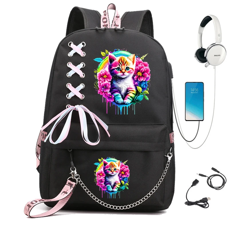 Student Schoolbag Large Capacity Backpack Watercolor Cute Floral Cat High School Student Backpack Cartoon Bagpack Usb Bookbag