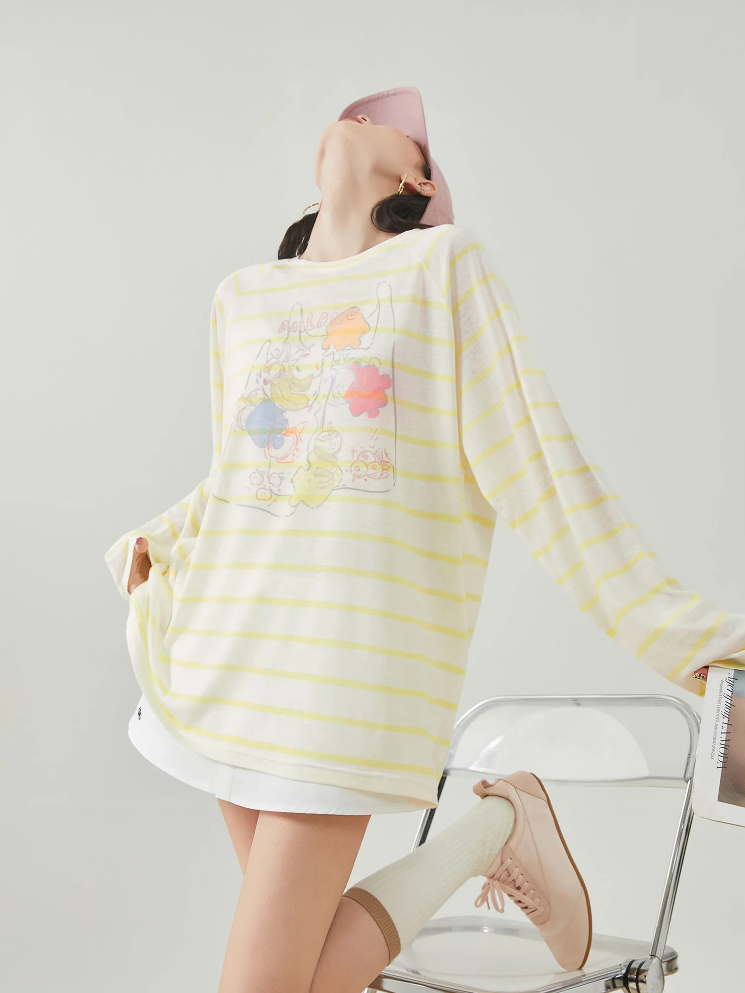 

Женская футболка с длинными рукавами и желтым полосатым принтом, тонкая, в корейском стиле, свободная, универсальная, полупрозрачная, с защитой от ультрафиолета