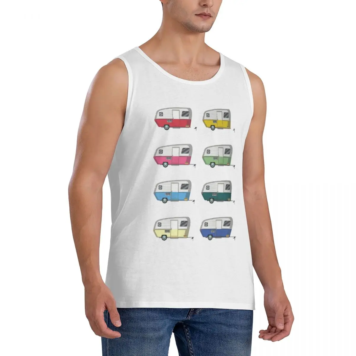 100% Cotton Colourful Vintage Eriba Puck Caravan Daisy Sleeveless T-Shirt Men Workout Sports Clothing Tops Men's Crew Neck Vest
