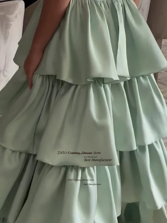 ZHIO Modern Green Satin Evening Gown Pleats A Line Tiered Long Party Dress Square Collar Spaghetti Straps Prom Gown Customized