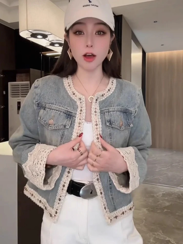 

Faionable круглый кружевной лоскутный джинсовый джинсовый тюнер, женский весенний новый пиджак небольшого размера, модное пальто для поездок на работу