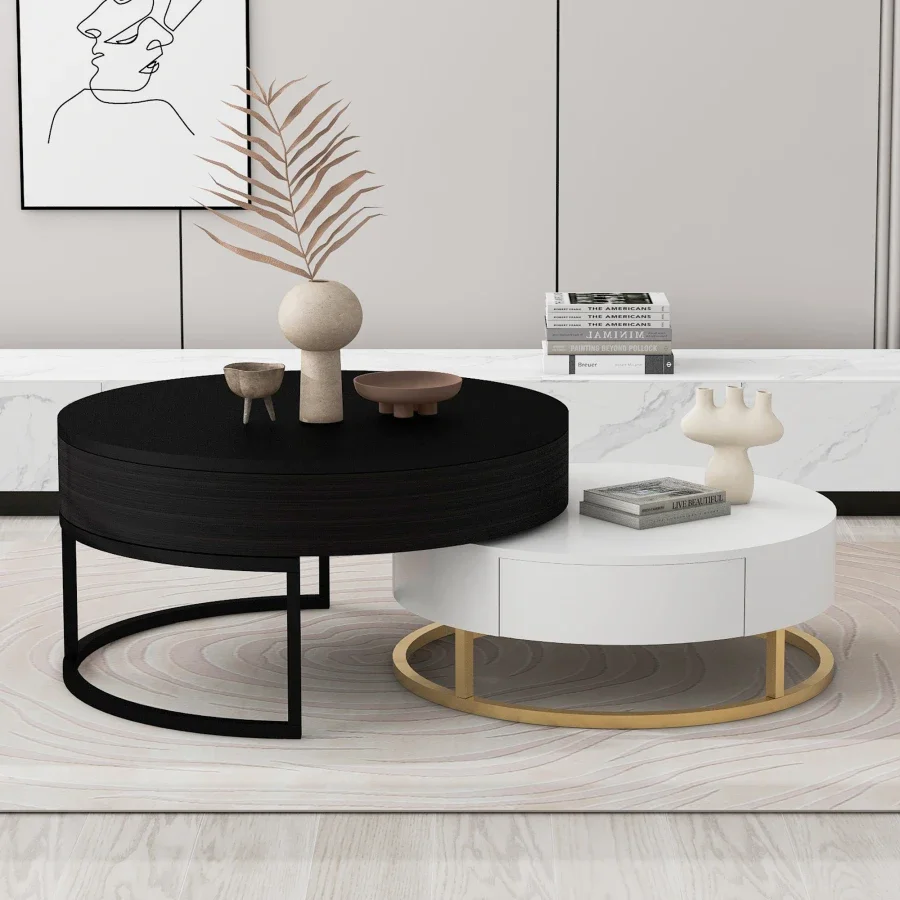 Modern Tables Round Lift-top Nesting Coffee Tables with 2 Drawers White & Natural