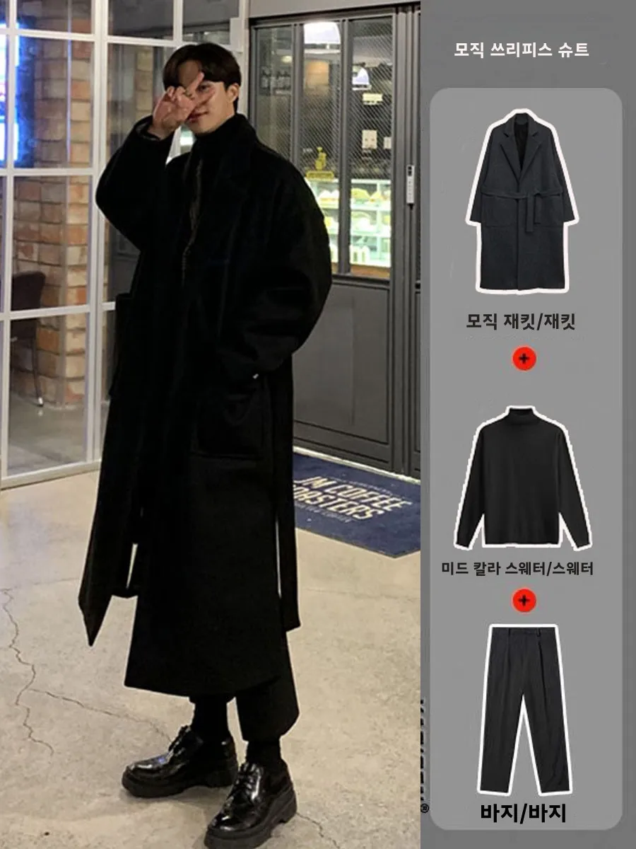 

Thiened Double-Faced Camere Men's Coat Winter Woolen Coat Long Over-Knee Korean Sle Faionable Set Youth Casual Warmth
