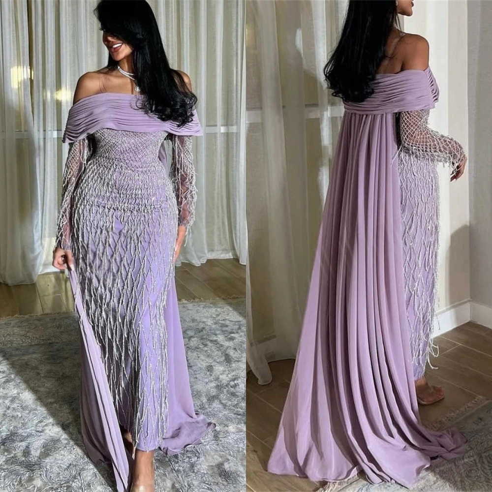 

Customized Luxury Jersey Evening Dress Delicate Boat Neck Prom Dresses Temperament Watteau Train Tassel Special Occasion Gowns