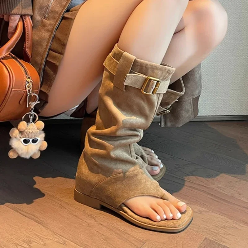 Summer Internal Elevation Women Knee High Boots Retro Style Clip Toe Shoes Ladies Causal Slip on Sandalias Booties
