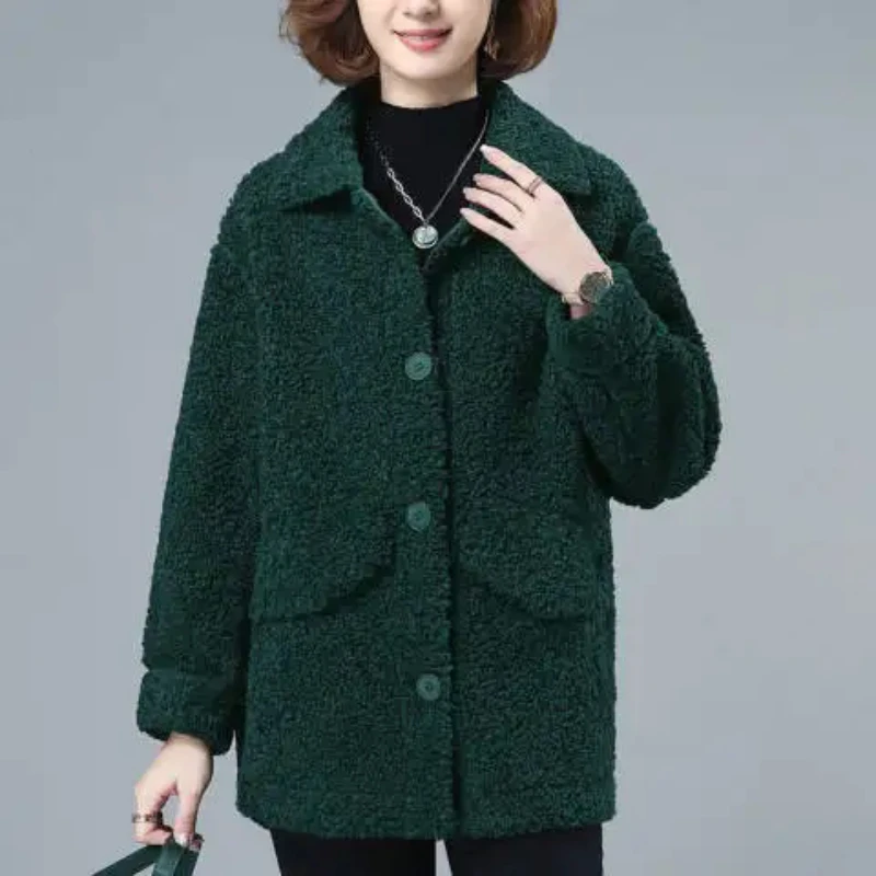 

Женская куртка из овечьей шерсти, новая корейская модель, свободный крой, стройнящая, с длинными рукавами, для повседневной носки, стандартной толщины, зимняя, из полиэстера