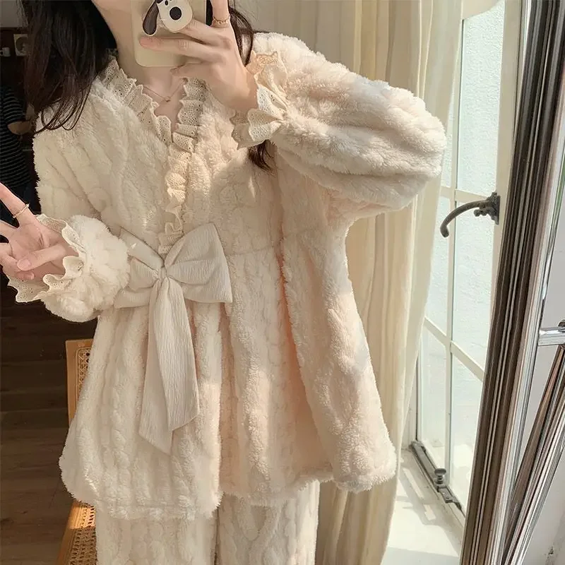 Coral fleece Princess Lace bow Jacquard pattern Fall winter  Add fleece  Flannel plush Long sleeve pant cover pajamas for women