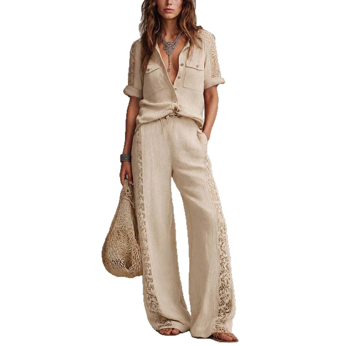 Linen Cotton Lace Patchwork Loose Wide Leg Pants Jumpsuit Matching Sets Spring Summer