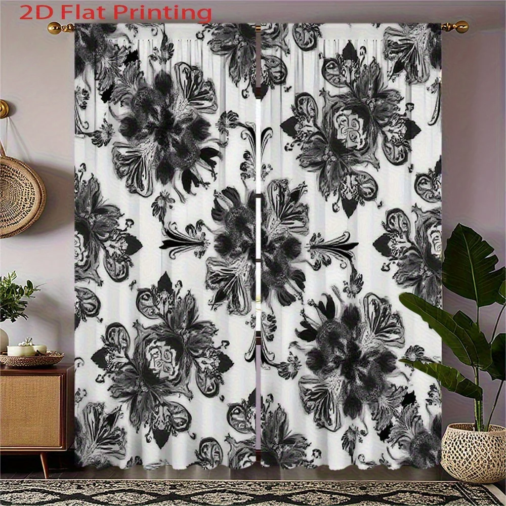 

2pc Vintage black floral curtains, made of polyester, machine washable, suitable for living room and bedroom décor.