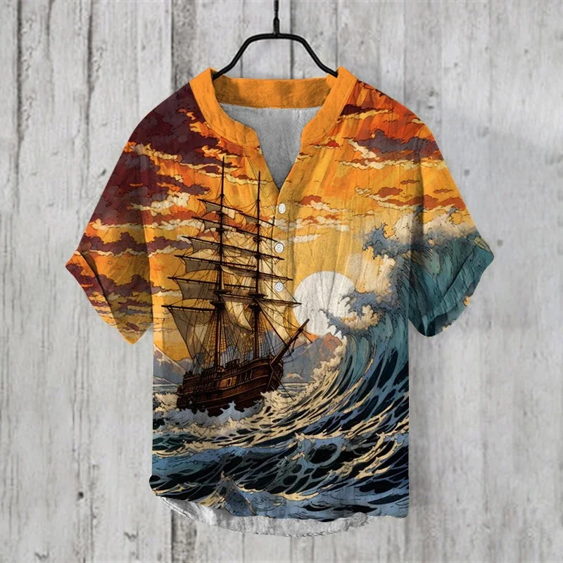 Camisas hawaianas de estilo nacional de Amazon, camisas de lino con estampado 3D de ola oceánica transfronteriza, POLO de vacaciones sociales, fábrica de moda