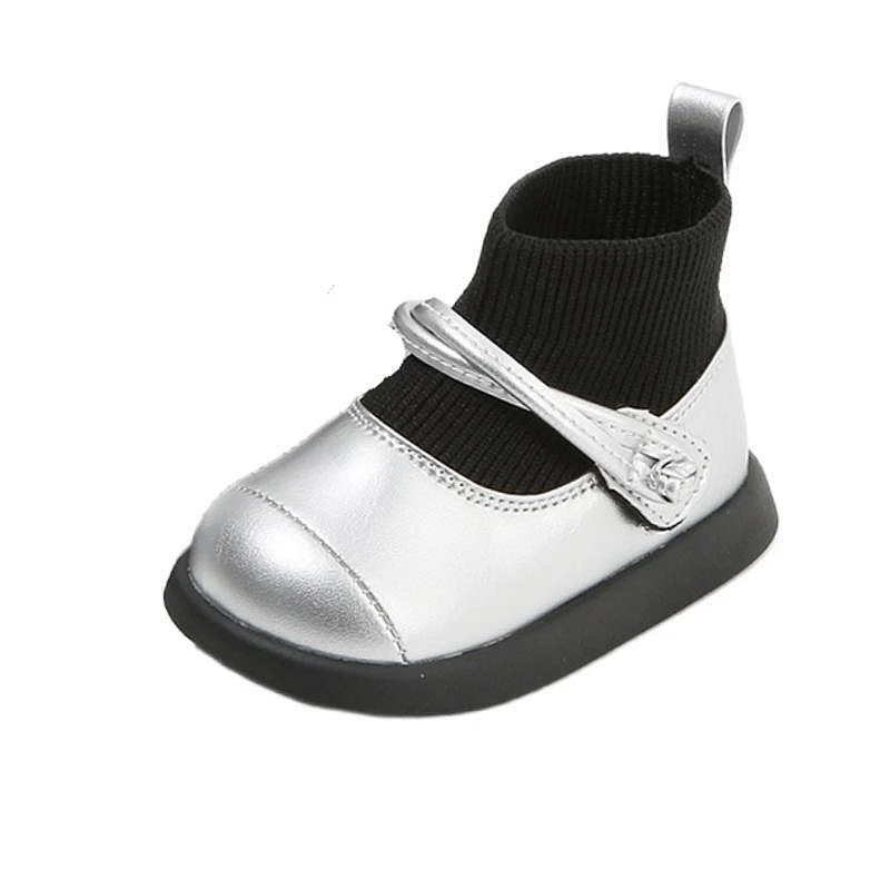 Claladoudou stivaletti con toppa brillante per bambine autunno nero argento lavorato a maglia Slip-on stivali singoli bambini piccola principessa