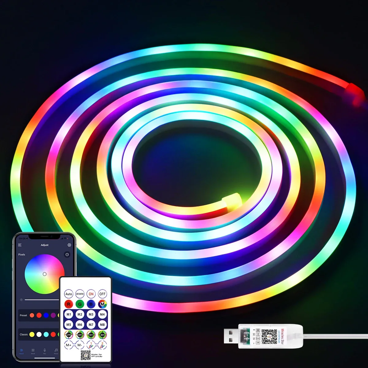 

Car Decor RGBIC WS2812 Neon LED Strip Light IP67 Waterproof Dream Color USB 5V With Bluetooth APP Control Music Sync Many Modes