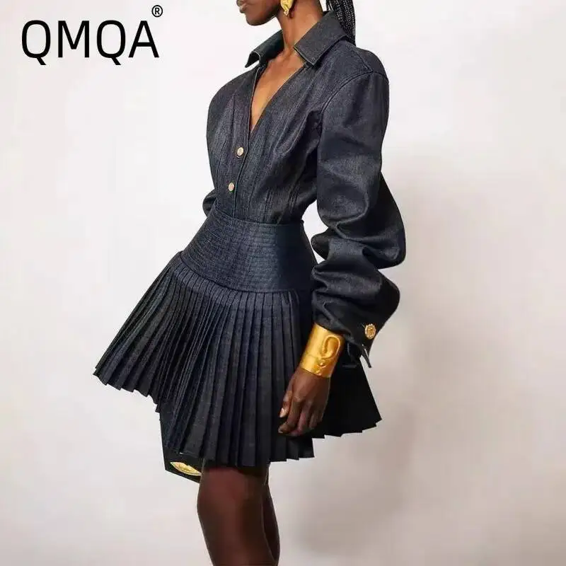 QMQA-Conjunto de 2 piezas de mezclilla elegante para mujer, Top de mezclilla con una hilera de botones, Falda plisada de cintura alta, conjuntos de estilo callejero, nuevo QM873