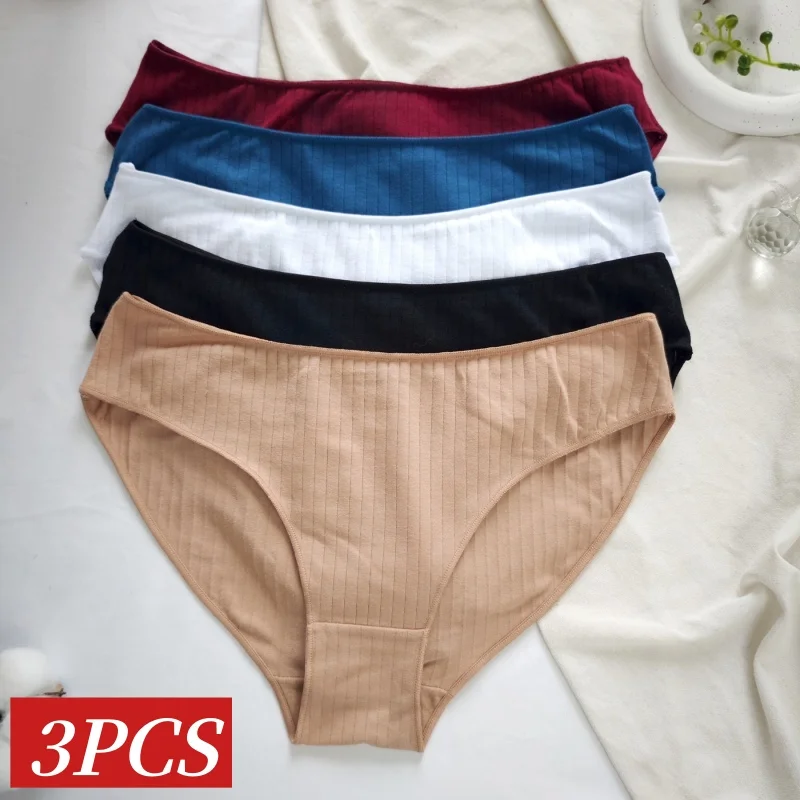 3-teiliges Set Damen-Slips mit Niedriger Taille aus Gerippter Baumwolle, Atmungsaktive Hautfreundliche Casual-Unterwäsche in Verschiedenen Farben, Sexy Dessous M-XL