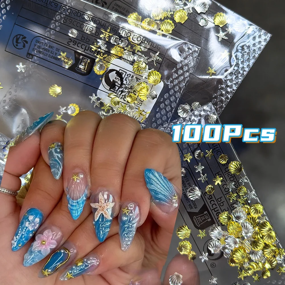 100pcs Mixed 3D Gold Seashell Starfish Nail Charms Metal Rivets Nail Art Decorations Mini Ocean Shell Star Manicure Studs Supply