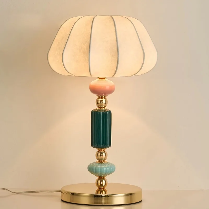 

Modern Minimalist Luxury Bedroom Ceramic Bedside Lampwith Silk lampshade High-End Ambient Night Light for Elegant Home Decor