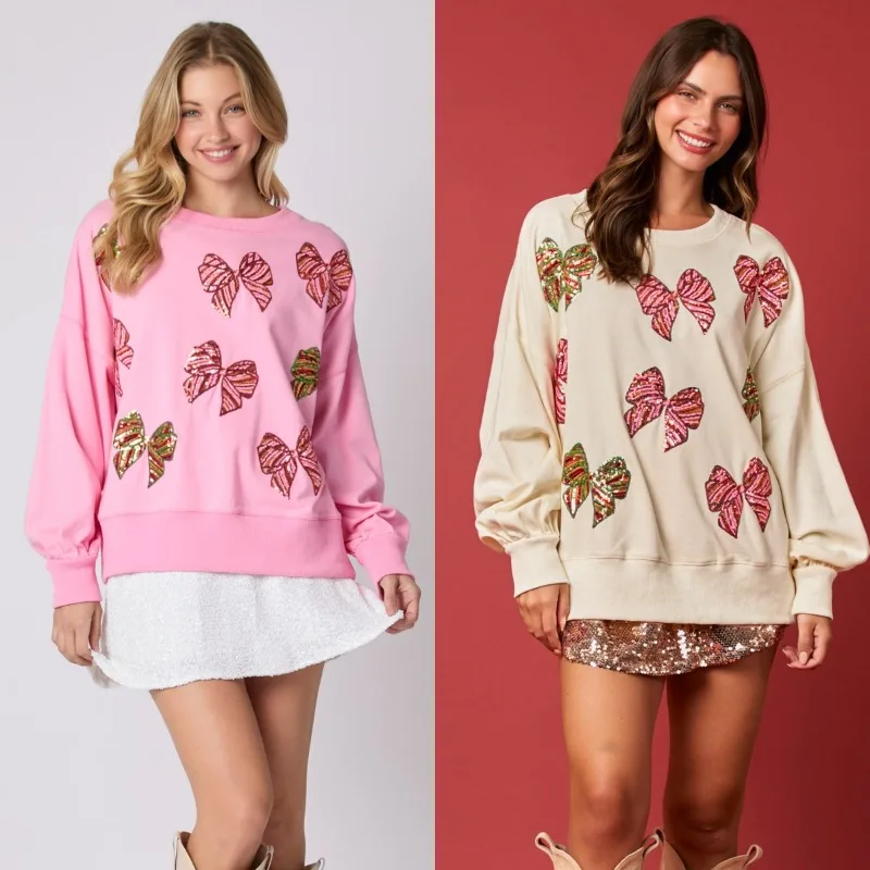 NIEUWE lente en herfst strik pailletten voor damesjurk Valentijnsdag ronde hals losse casual lange mouwen sweatshirt voor dames