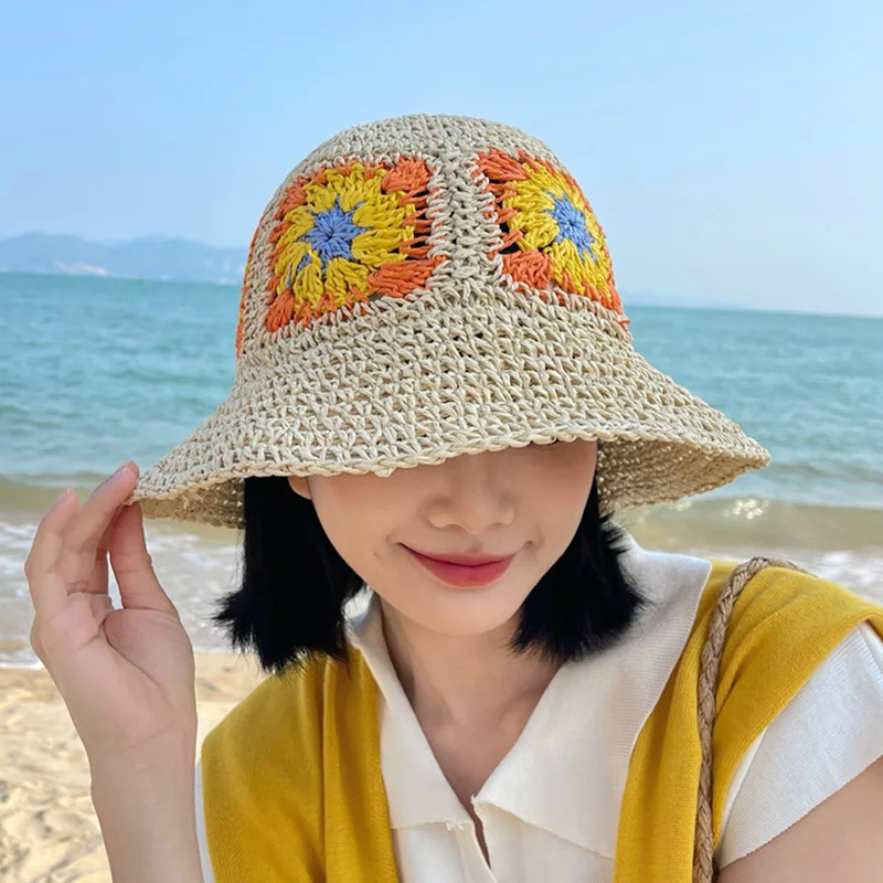 

HongLuan Beach Women's Straw Sun Hat Breathable Hollow Out Wide Brim Flower Bucket Hats for Summer Travel Outdoor Accessories