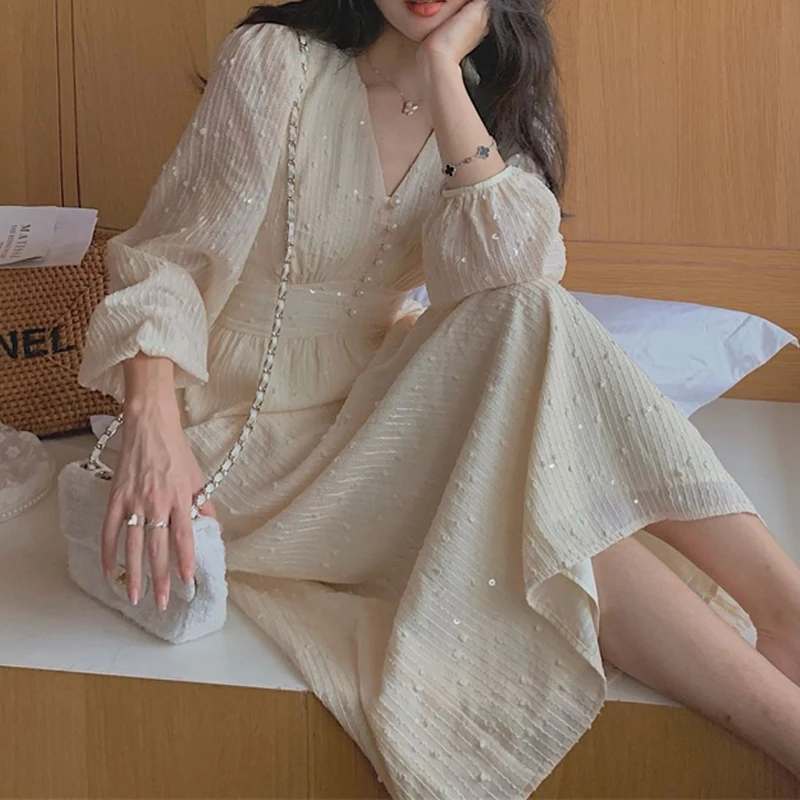 Women French Vintage Sequins Beaded Chic Elegant Party Dresses Autumn Fashion V Neck Long Sleeve Slim Fairy Midi Dress Vestidos