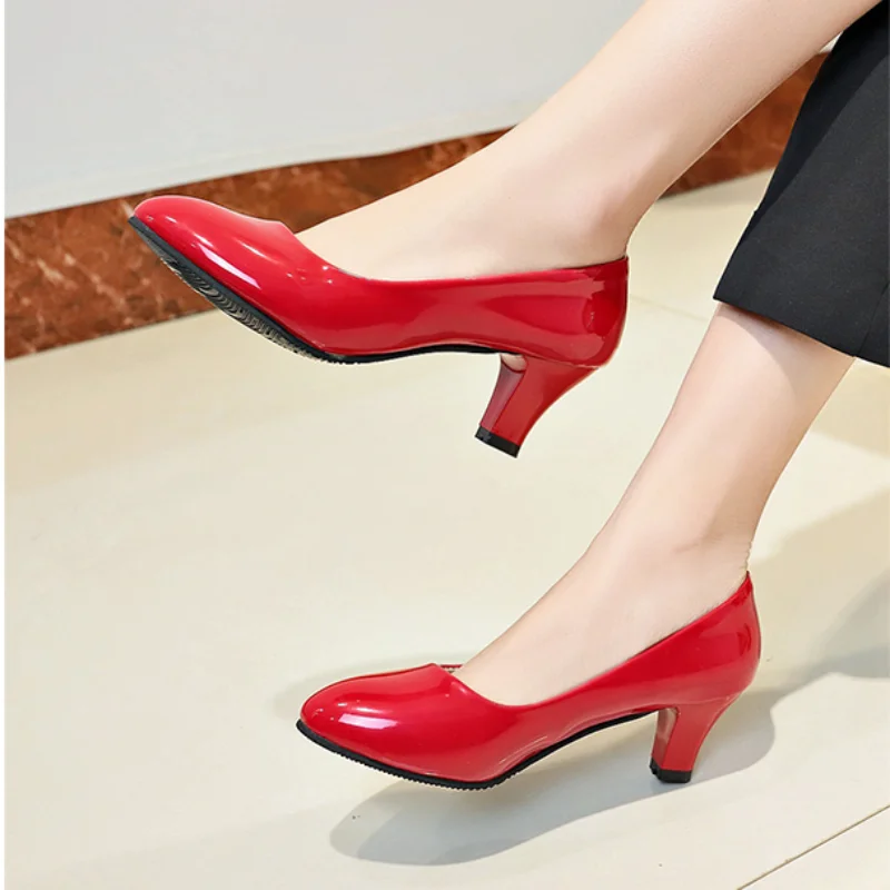 Women\'s Leather Med Heels New High Quality Shoes Classic Black White Pumps for Office Ladies White High Heels Red  Sexy Heels