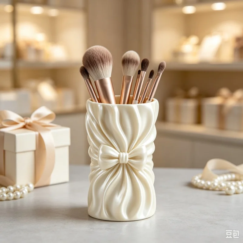 3D Printed Satin Bow Makeup Brush Holder Plastic Cosmetic Organizer Desktop Storage Vase Home Container Vanity Decor