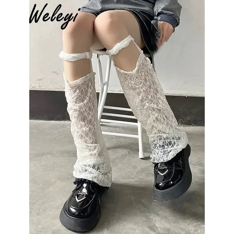 Women's Summer Beige Socks Japanese Fashion Hajuraku White Lace Hollow Middle Tube Suspender Leg Cover Ultra-thin Calf Socks