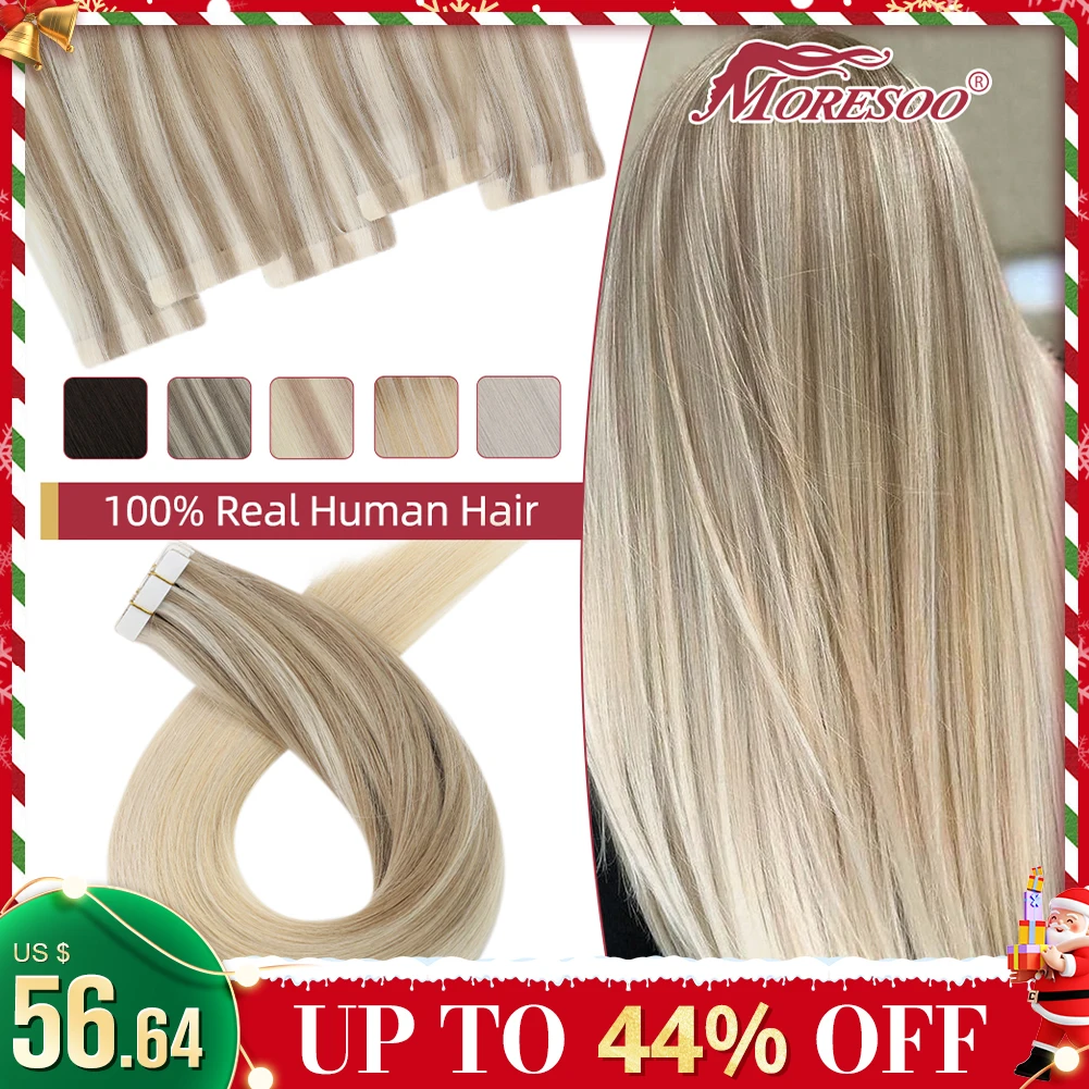 

Moresoo Injection Tape Hair Extensions Ash Blonde Highlight Virgin Hair Natural Straight Brazilian Tape in Human Hair Extension