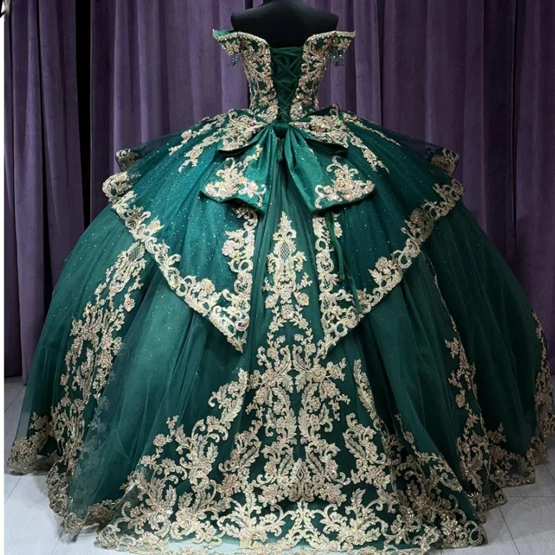 

Emerald Green Quinceanera Dresses For 16 Girl Off the Shoulder Gold Applique Beads Princess Ball Gown 15th Birthday Prom Dress