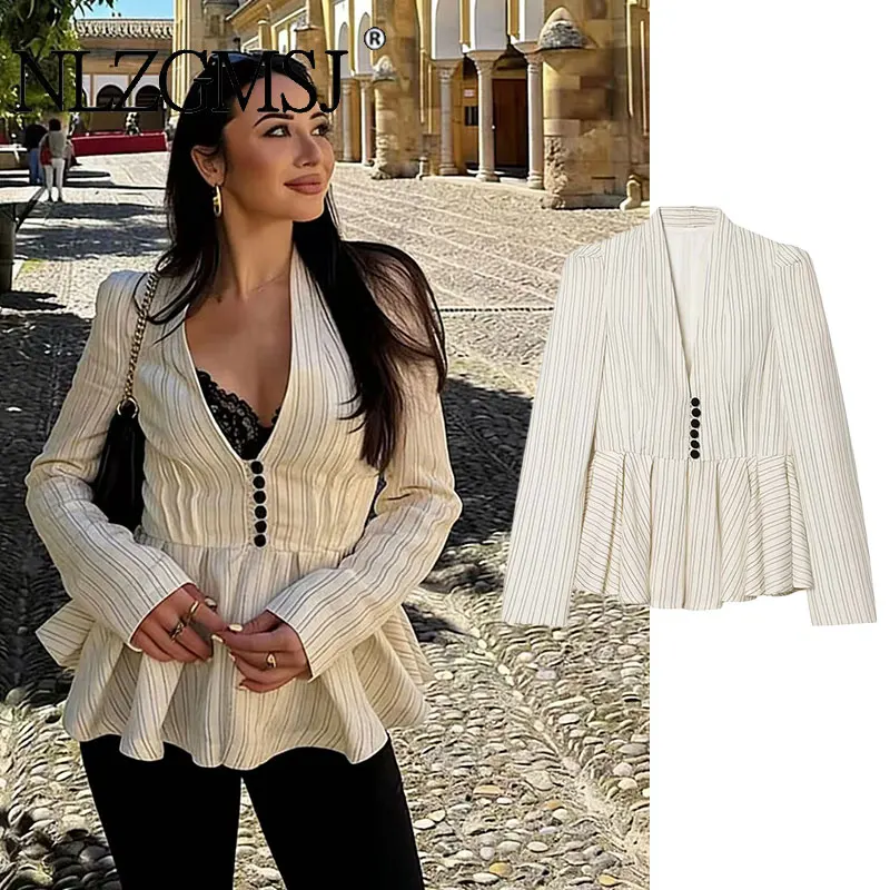 

NLZGMSJ 2026 Spring Women Striped Blazer High Street Commute V-Neck Skirt Hem Blazer Fashion Casual Blazer