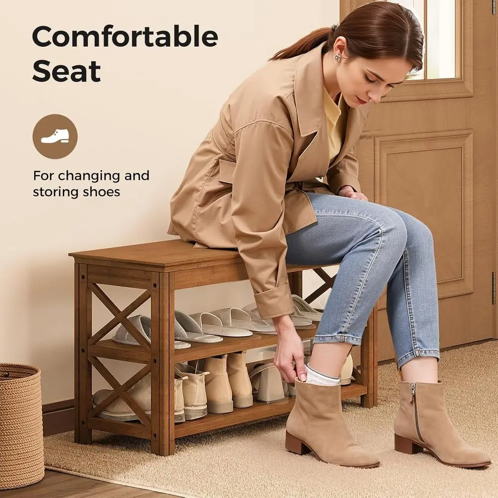 3-Tier Bamboo Shoe Storage Bench, Rustic Entryway Wood Bench, X-Brown, 31.5