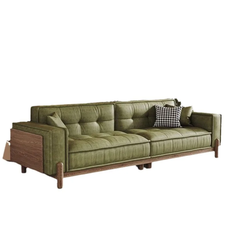 Factory Direct 2026 retro leather sofa solid wood home American living room Nordic walnut color new Chinese first layer cowhide