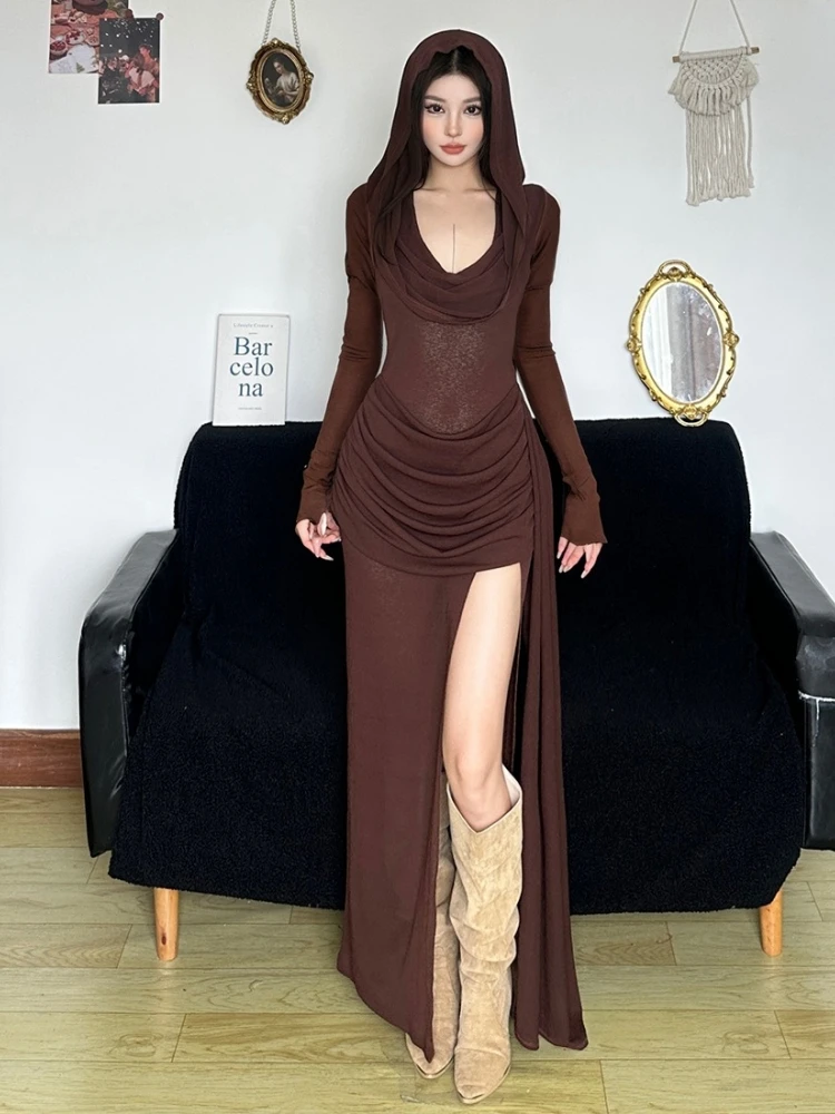 

Hooded Long Dresses For Women Grunge Clothes Solid Color Vestidos De Mujer Long Sleeve One Piece Sexy Streetwear Slim Robe Femme