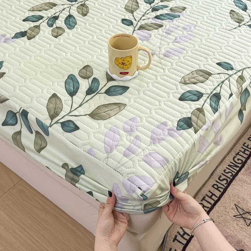 Plant Print Mattress Cover Quilted Bedspread Waterproof Bed Cover Single/Twin/Queen/King Size Bed Linen 침대커버 (No Pillowcase)