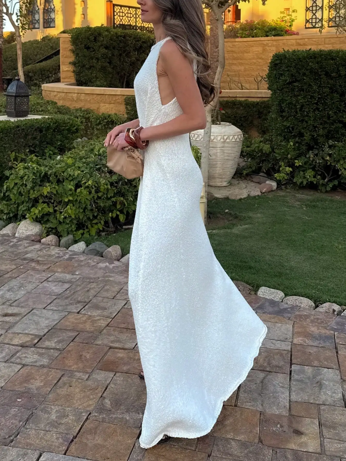 

Вязаное платье без рукавов с глубоким V-образным вырезом, силуэт «русалка» в рубчик, элегантный стройнящий фасон для пляжного отдыха и свиданий