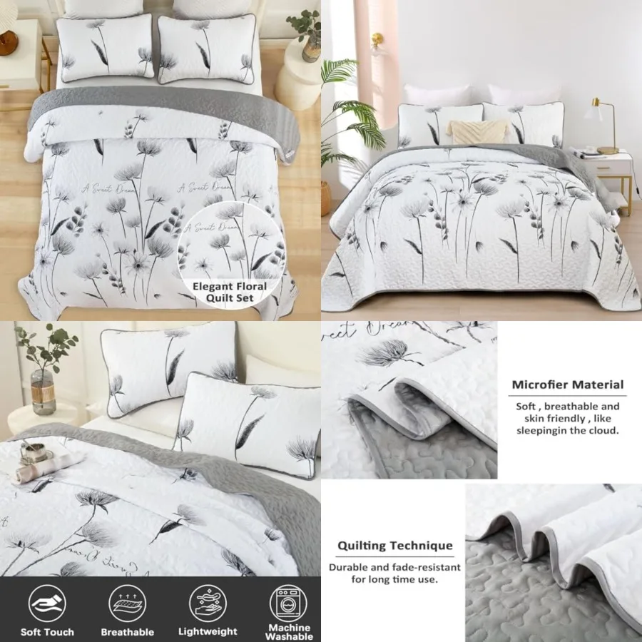 

Floral Quilt Set Size, White Bedspread Coverlet Botanical 3 Pieces Fall Quilts Microfiber Lightweight Flower Bedspreads Soft Re