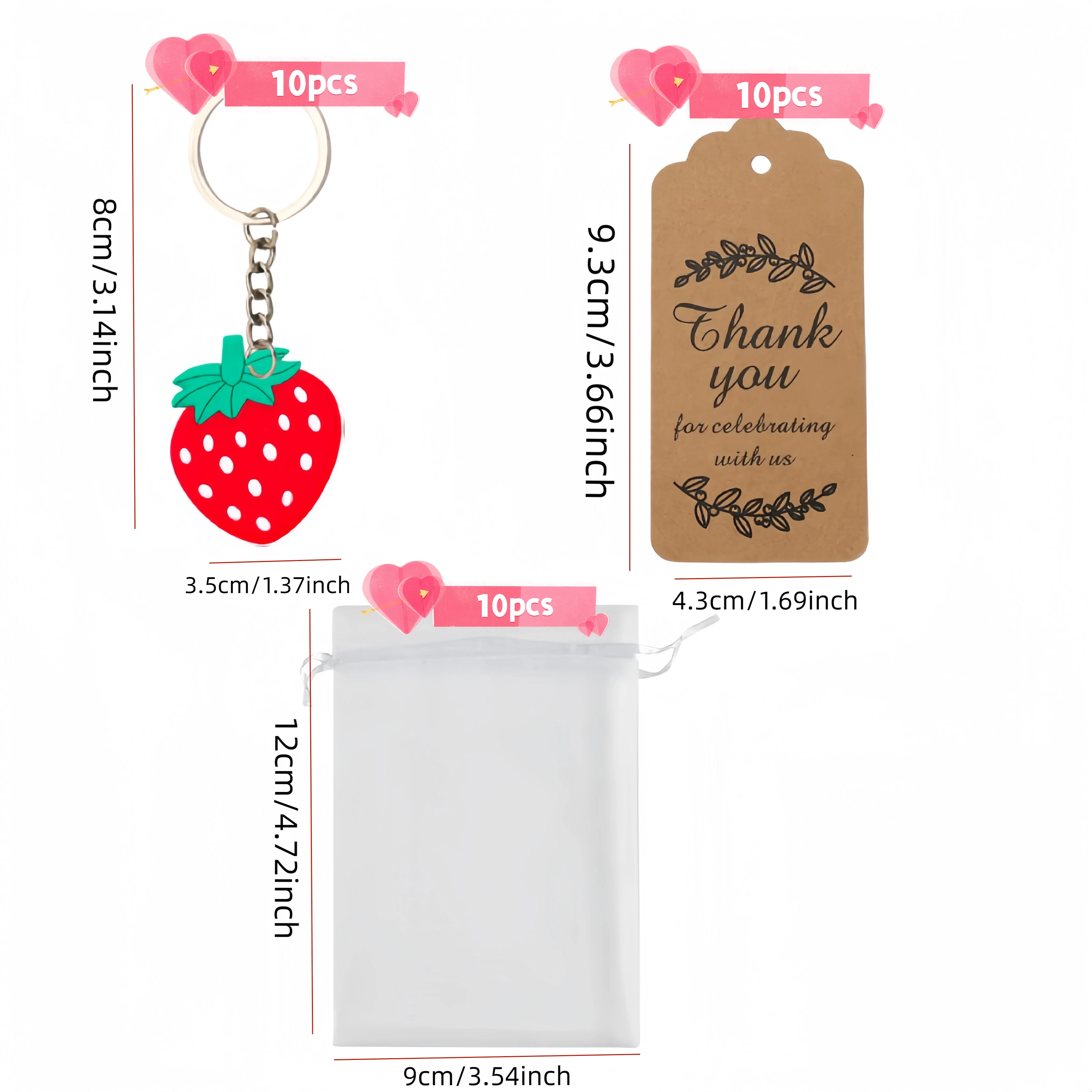 10Sets,Strawberry Keychains for Party Favors with White Goodie Bag Thank You Tags Strawberry Party Supplies