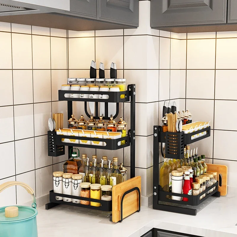 2/3 Layers Multi-function Kitchen Rack Spice Organizer Stainless Steel Wall Hanging Floor Knife Holder Storage Shelf Countertop