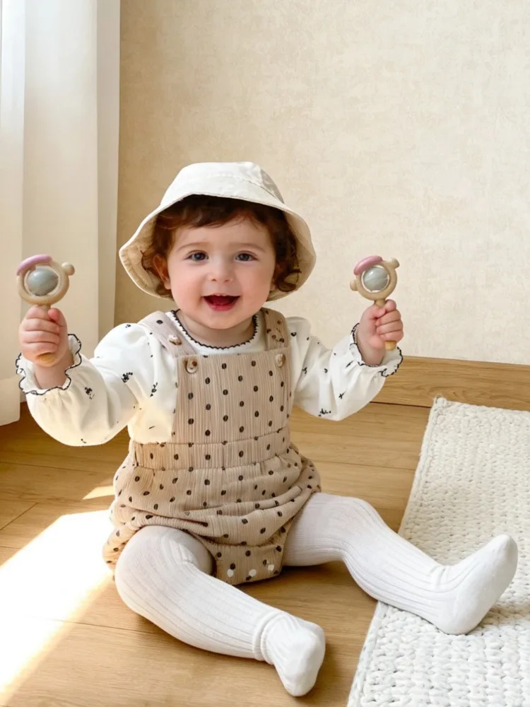 Cute baby Rompers o-neck long sleeved printed base shirt+sleeveless polka dot shoulder strap jumpsuit 2-piece set New Bodysuit