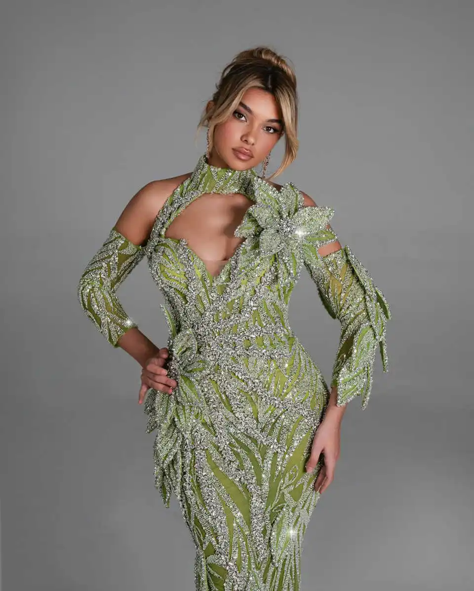 Gorgeous Crystal Evening Dresses Sequins Prom Gown Mermaid Party Dresses Long Sleeves Customize Vestidos de noche