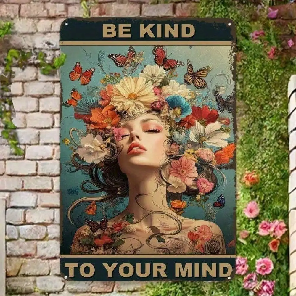 CIFBUY Be Kind To Your Mind Floral Butterfly Vintage Aluminum Wall Art Waterproof Durable Metal Sign for Home Living Room Decor