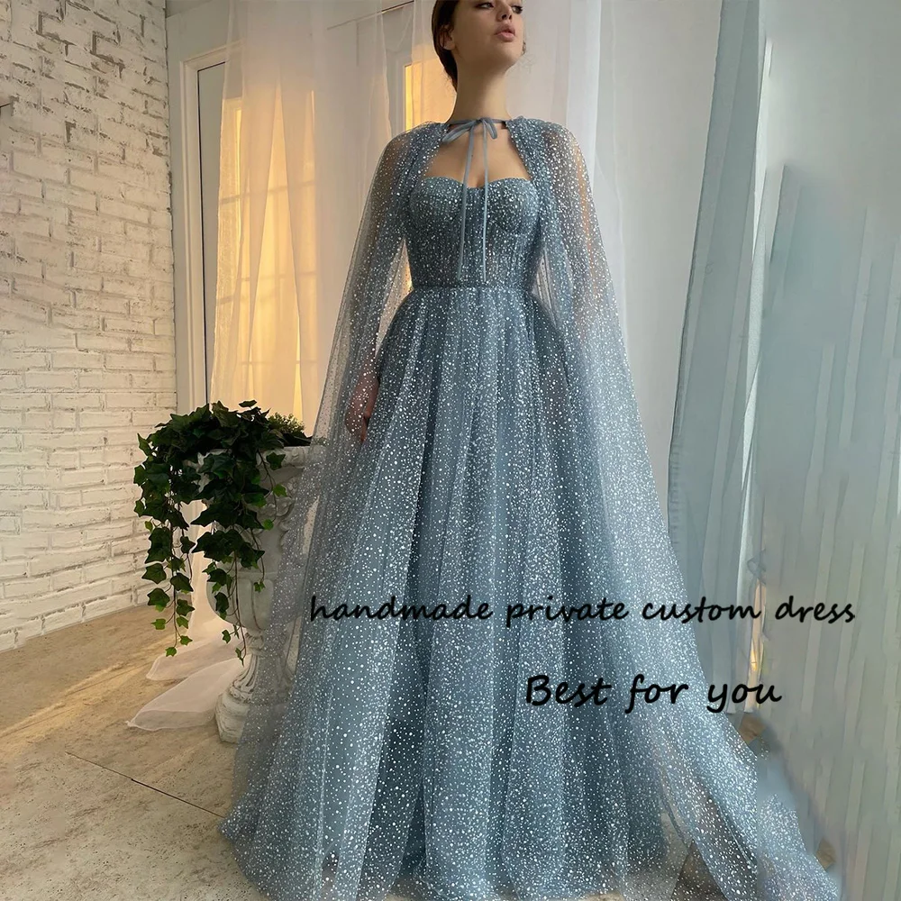 

Storm Blue Dotted Tulle Prom Party Dresses with Cape Corset Sweetheart Long Evening Dress Floor Length Formal Gowns