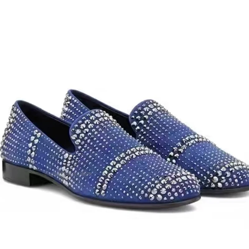 Blue Rhinestones and Silver Rivets Decor Loafers Fashion Slip On Men Casual Shoes Novel Handcraft Banquet Party Men Dress Shoes