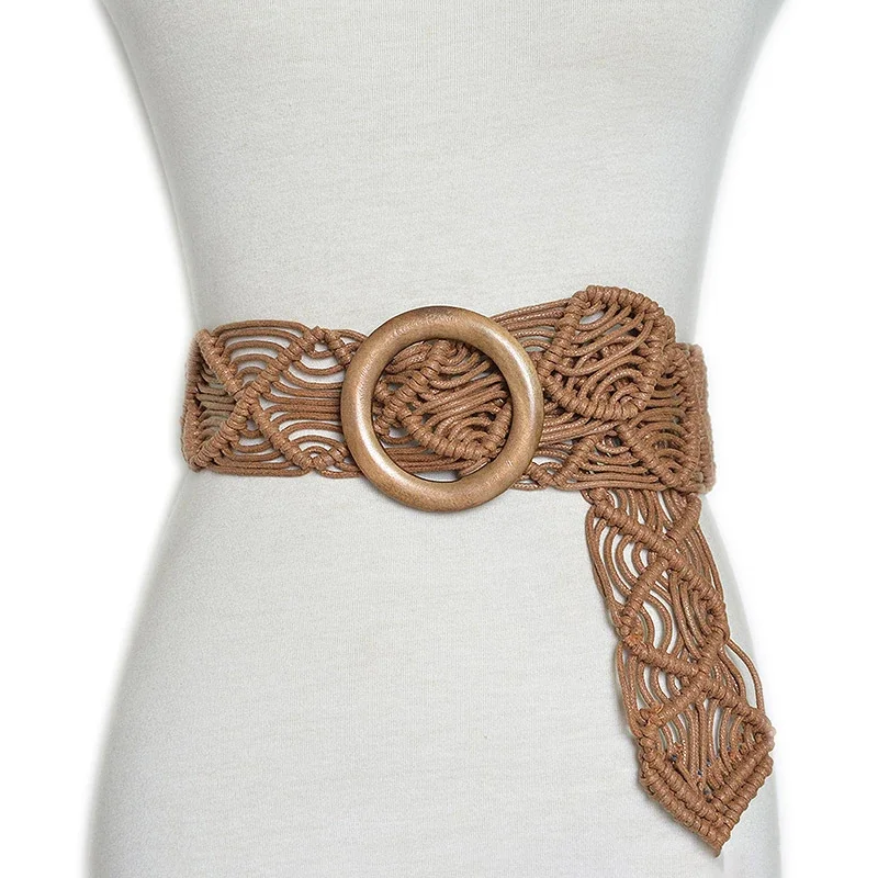 

Vintage Wide Bohemian Belts For Women Round Wood Buckle Woven Braided Rope Belt Female Casual Crochet Boho Dress Waistband