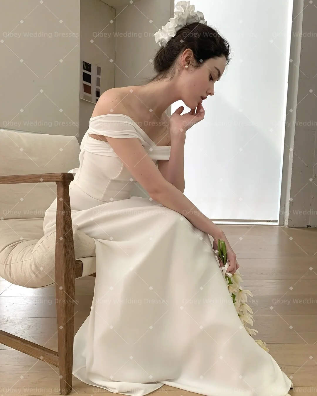 OLOEY  Ivory Korea Wedding Dress Sleeveless A Line Soft Satin Bridal Gown Floor Length Korea Photo Shoot 웨딩드레스 customized