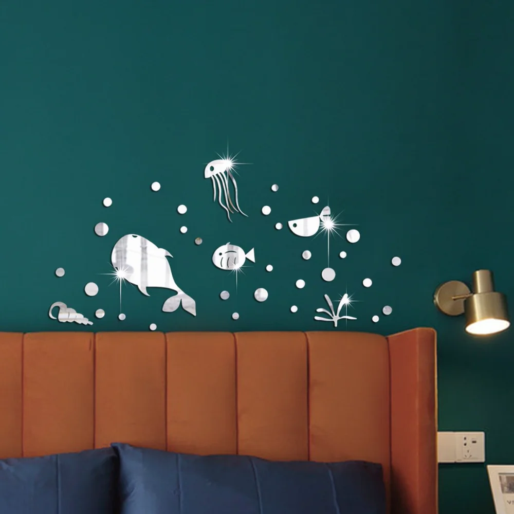 Acrylic Mirror Wall Mural Ocean Fish Pattern Self Adhesive Decal For Modern Home Bedroom Living Room Decoration