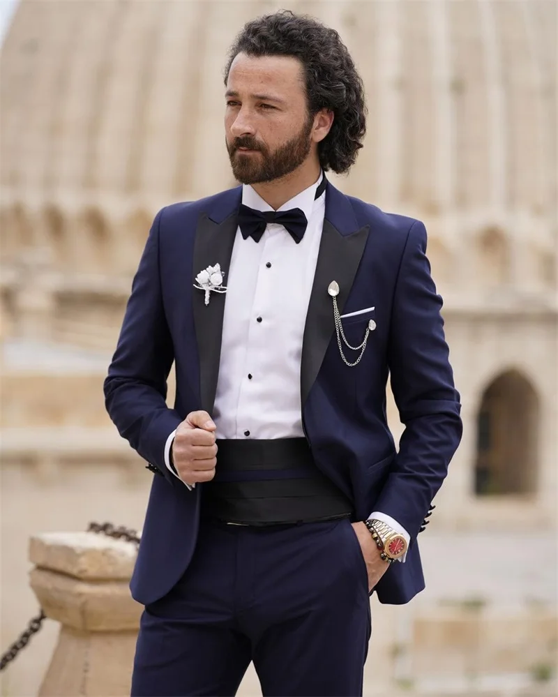 Abiti da uomo blu Navy per smoking da sposo da sposa 2 pezzi Blazer + pantaloni abito da ballo formale su misura abbigliamento da ufficio giacca da lavoro