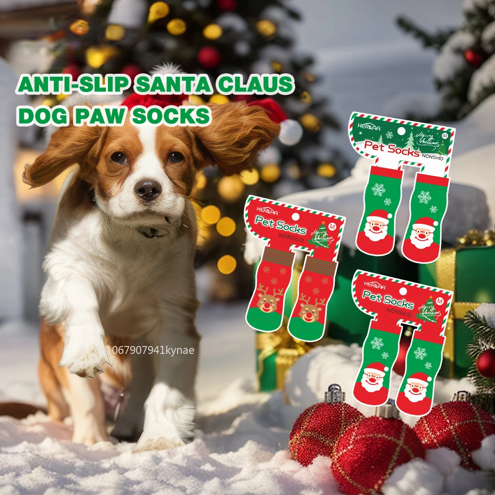 Christmas Socks for Santa Claus Elk Snowman Pet Socks Non Slip Foot Cover Christmas Supplies Dog Shoes for Small Dogs